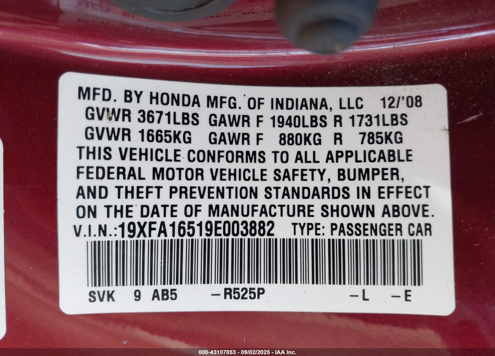 2009 HONDA CIVIC VIN: 19XFA16519E003882
