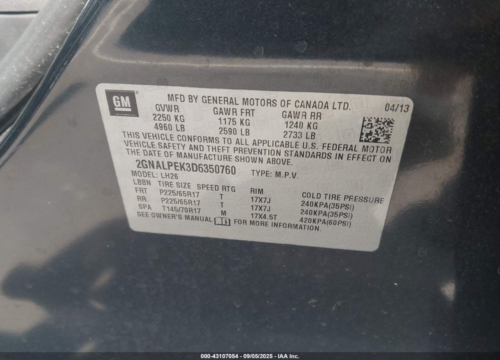 2013 CHEVROLET EQUINOX VIN: 2GNALPEK3D6350760