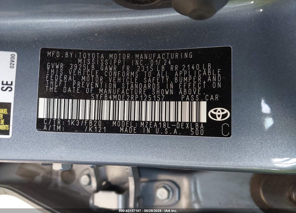 2024 TOYOTA COROLLA VIN: 5YFB4MDE2RP125157
