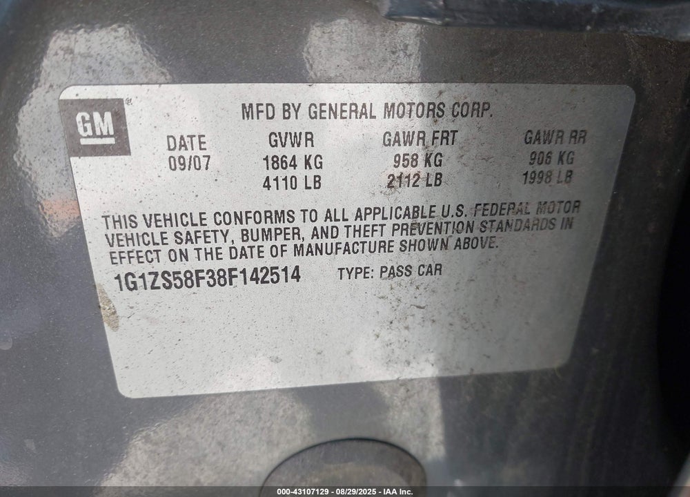 2008 CHEVROLET MALIBU CLASSIC LS VIN: 1G1ZS58F38F142514