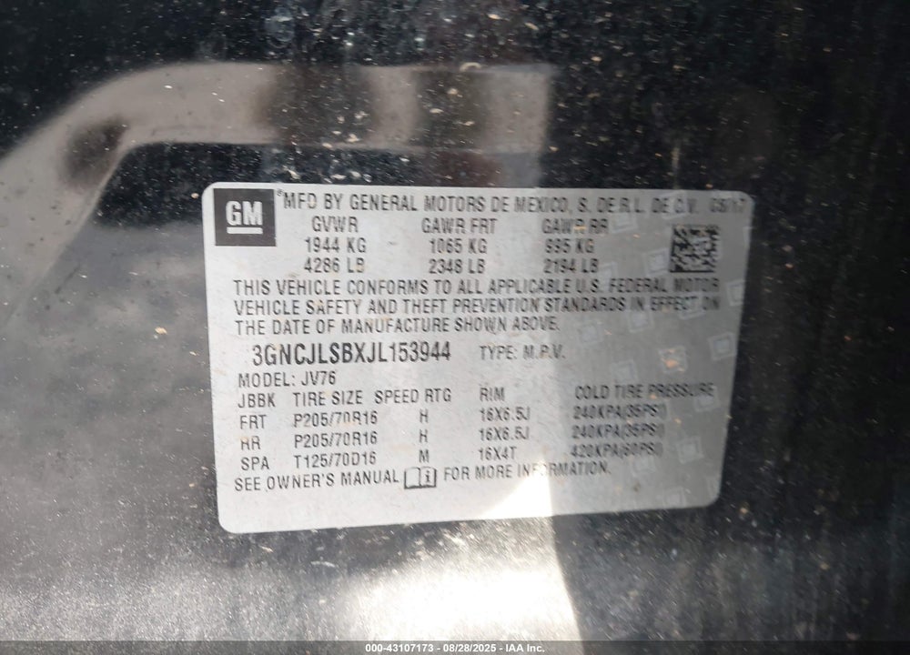 2018 CHEVROLET TRAX LT VIN: 3GNCJLSBXJL153944