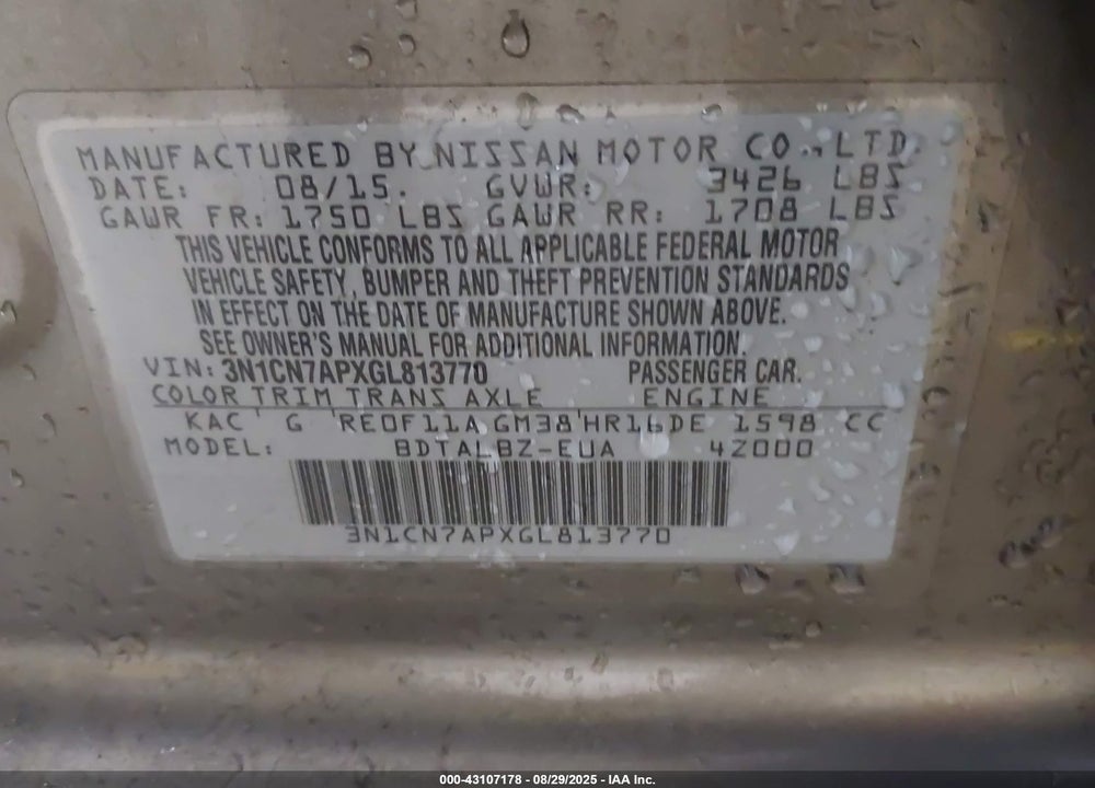 2016 NISSAN VERSA VIN: 3N1CN7APXGL813770