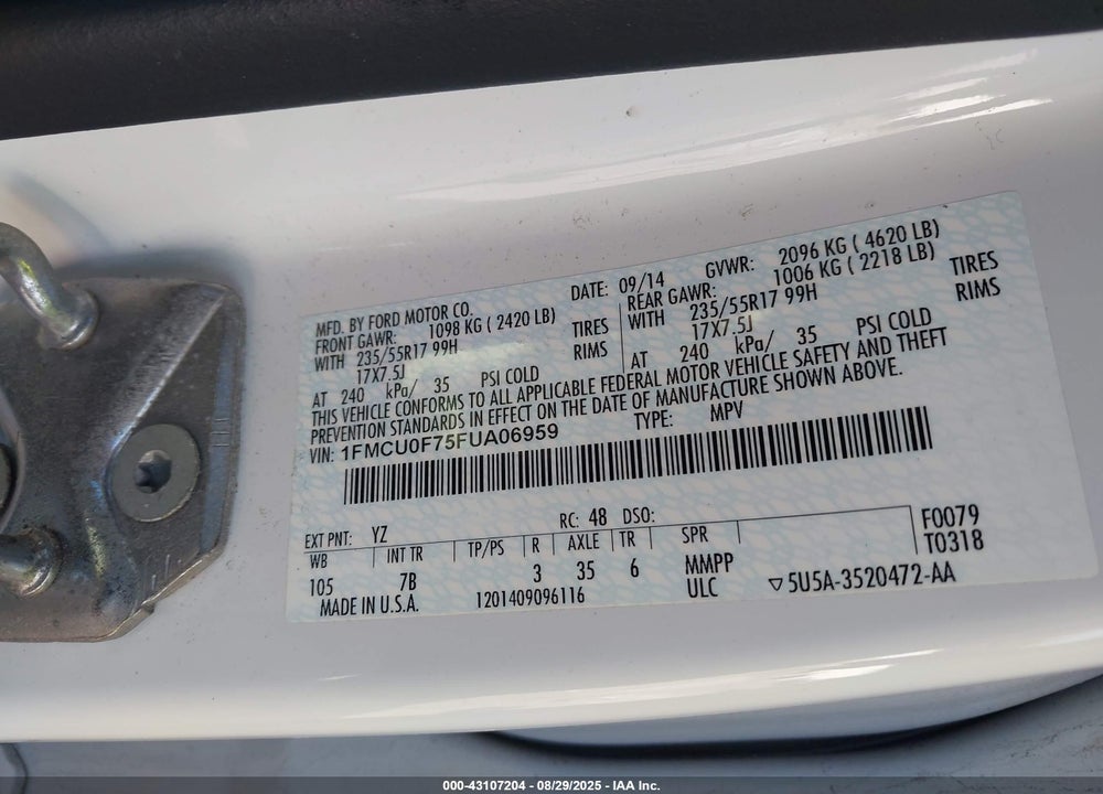 2015 FORD ESCAPE S VIN: 1FMCU0F75FUA06959