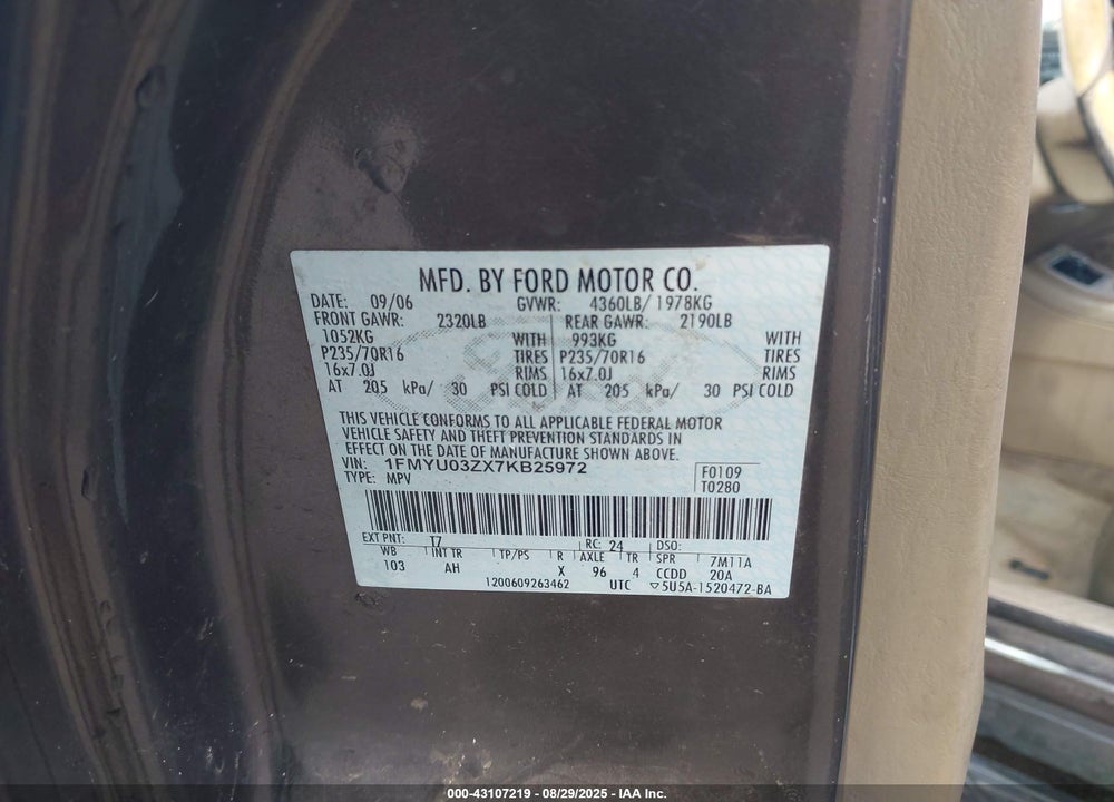 2007 FORD ESCAPE VIN: 1FMYU03ZX7KB25972