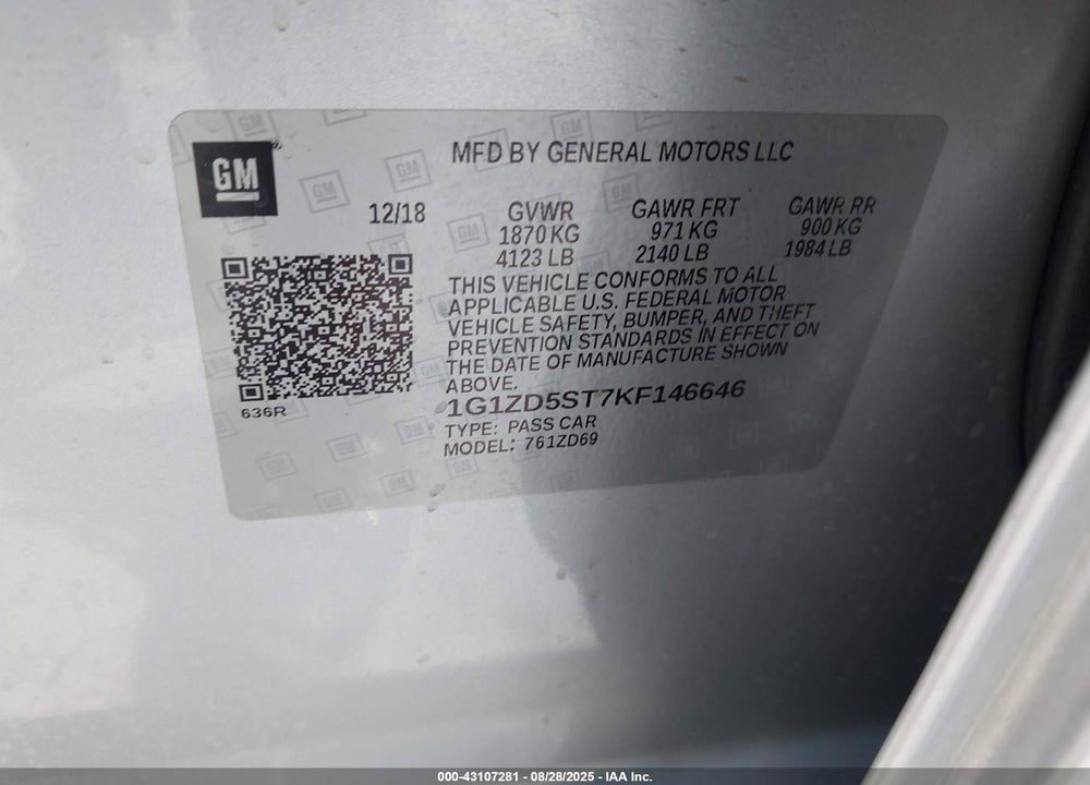 2019 CHEVROLET MALIBU LT VIN: 1G1ZD5ST7KF146646