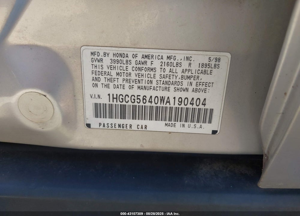 1998 HONDA ACCORD LX VIN: 1HGCG5640WA190404