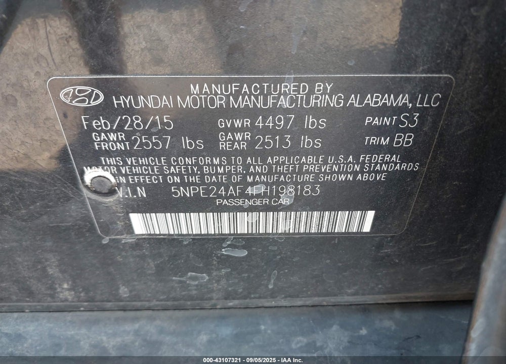 2015 HYUNDAI SONATA VIN: 5NPE24AF4FH198183