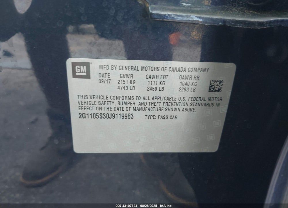 2018 CHEVROLET IMPALA VIN: 2G1105S30J9119983