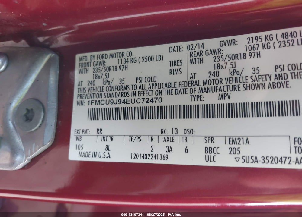 2014 FORD ESCAPE VIN: 1FMCU9J94EUC72470