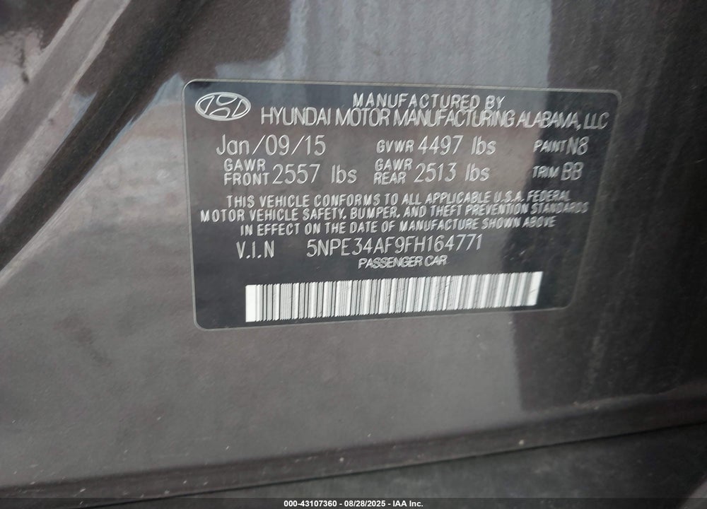 2015 HYUNDAI SONATA SPORT VIN: 5NPE34AF9FH164771