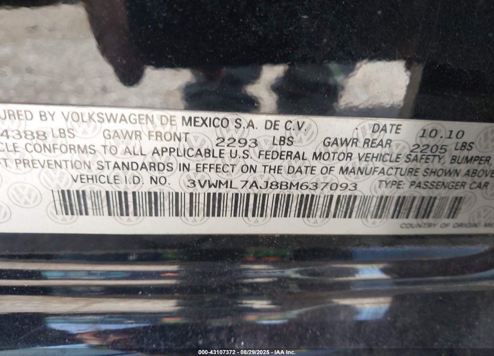 2011 VOLKSWAGEN JETTA VIN: 3VWML7AJ8BM637093