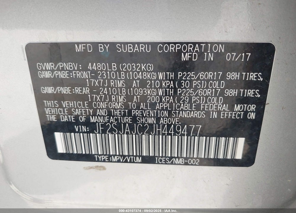 2018 SUBARU FORESTER VIN: JF2SJAJC2JH449477