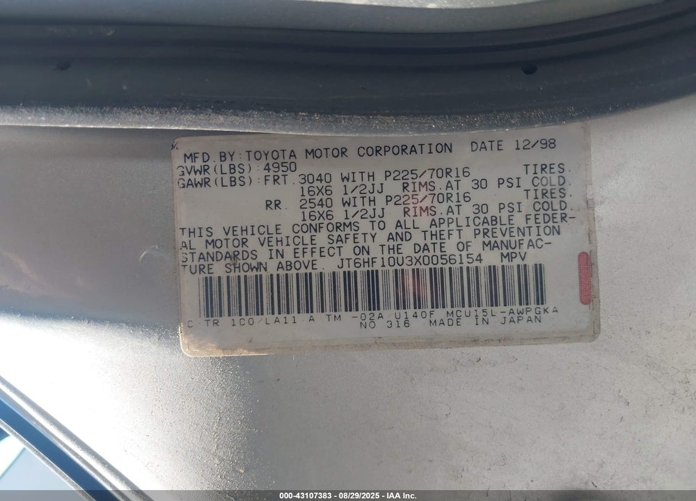 1999 LEXUS RX 300 VIN: JT6HF10U3X0056154