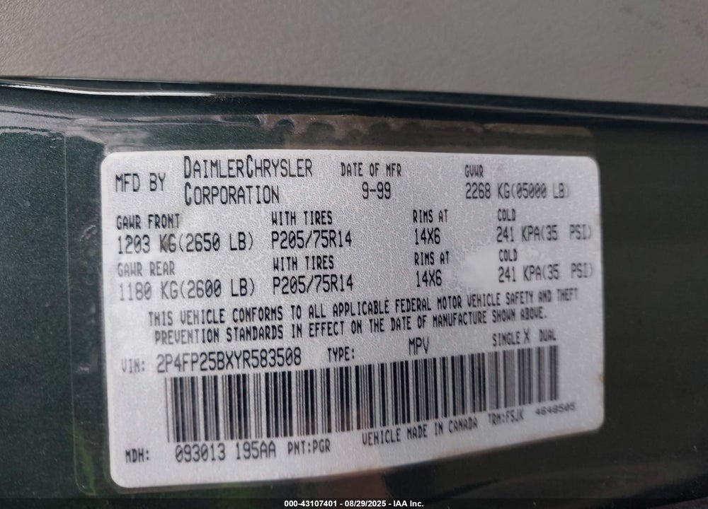2000 PLYMOUTH VOYAGER VIN: 2P4FP25BXYR583508