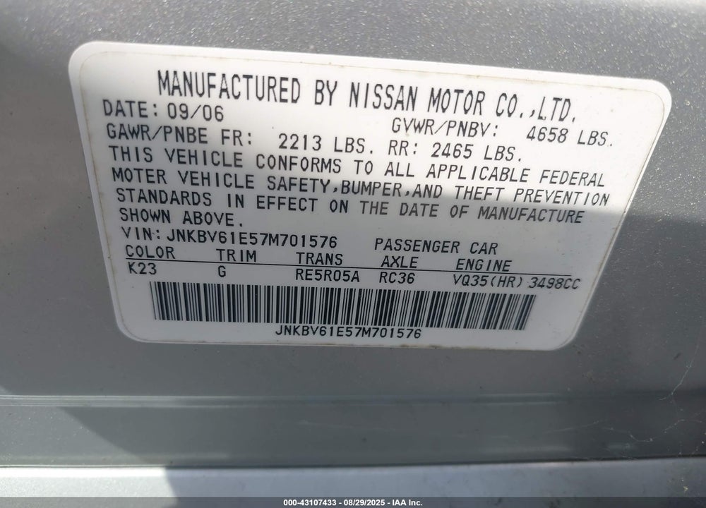 2007 INFINITI G35 VIN: JNKBV61E57M701576