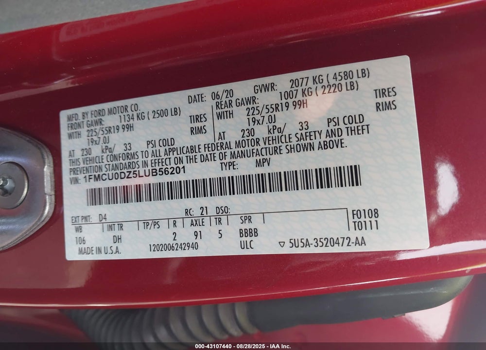 2020 FORD ESCAPE VIN: 1FMCU0DZ5LUB56201