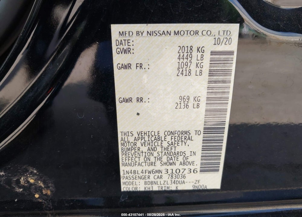 2021 NISSAN ALTIMA PLATINUM INTELLIGENT AWD VIN: 1N4BL4FW6MN310736