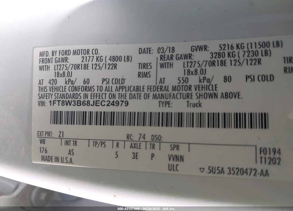 2018 FORD F-350 XL VIN: 1FT8W3B68JEC24979