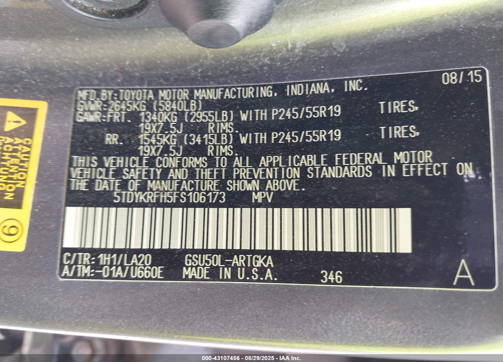 2015 TOYOTA HIGHLANDER VIN: 5TDYKRFH5FS106173