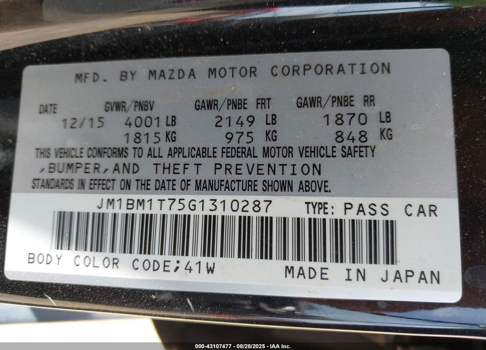 2016 MAZDA 3 VIN: JM1BM1T75G1310287