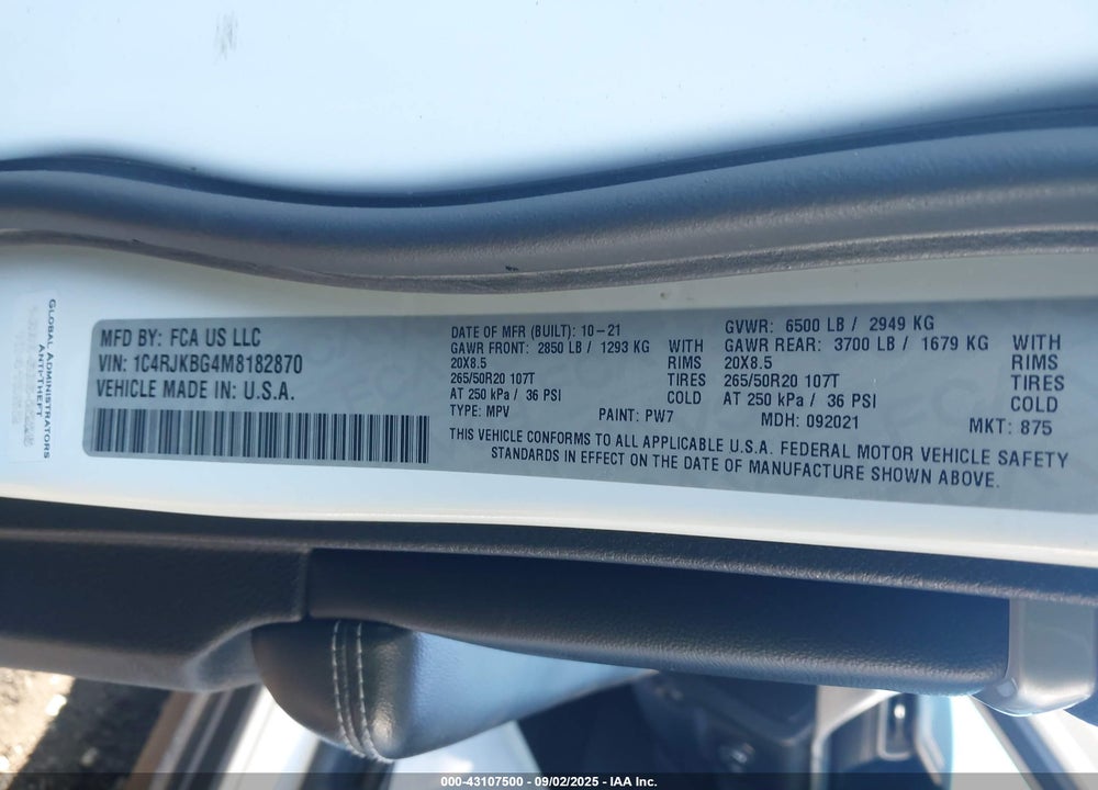 2021 JEEP GRAND CHEROKEE L VIN: 1C4RJKBG4M8182870