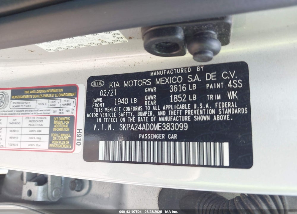 2021 KIA RIO VIN: 3KPA24AD0ME383099