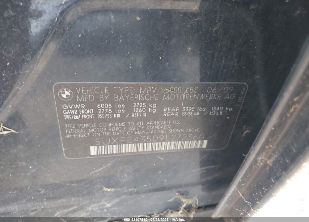 2009 BMW X5 XDRIVE30I VIN: 5UXFE43509L272360