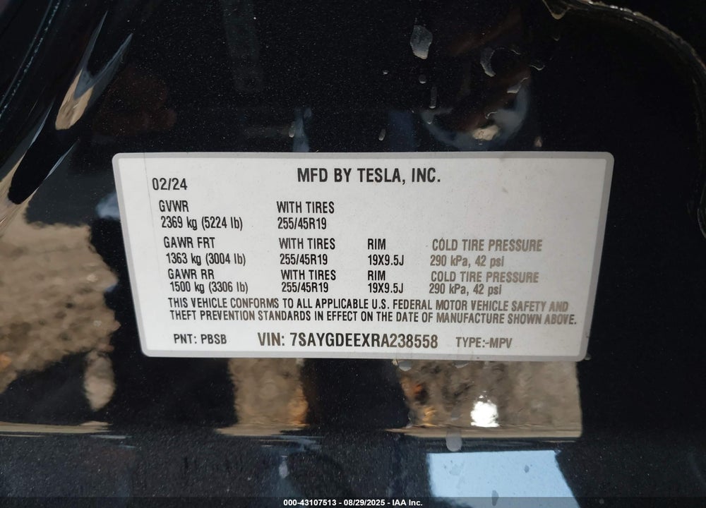 2024 TESLA MODEL Y VIN: 7SAYGDEEXRA238558