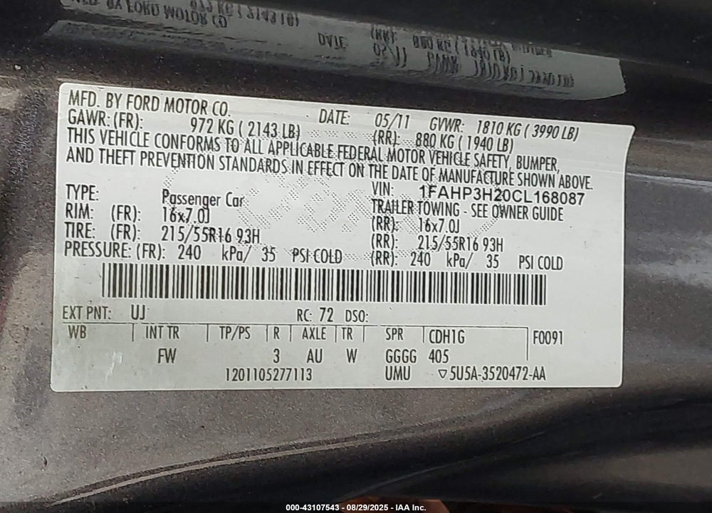 2012 FORD FOCUS VIN: 1FAHP3H20CL168087