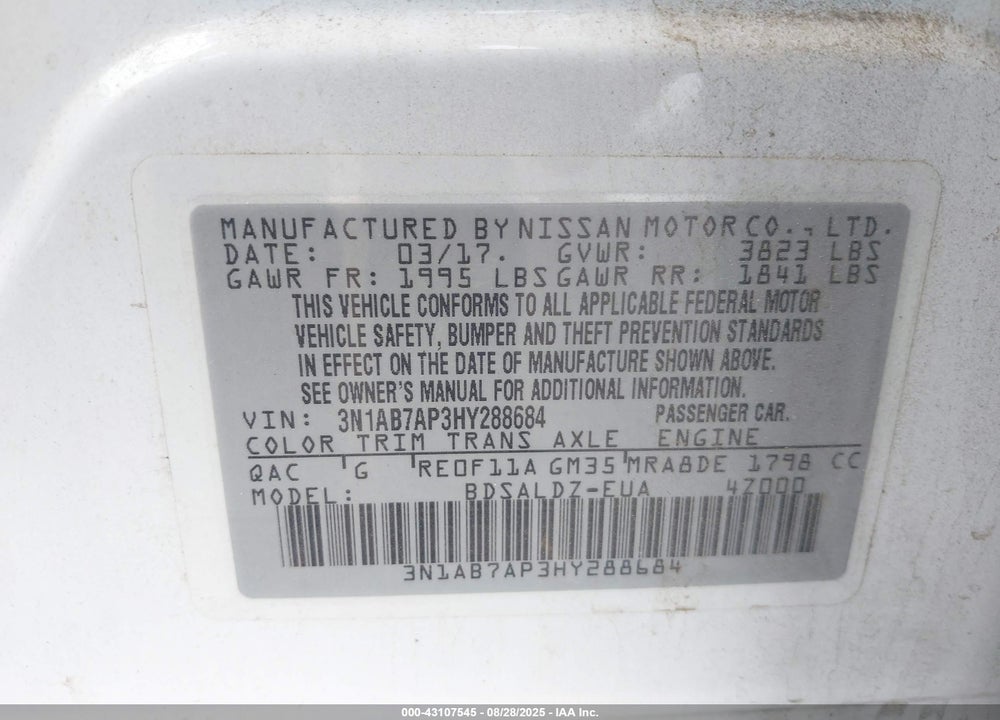 2017 NISSAN SENTRA SV VIN: 3N1AB7AP3HY288684