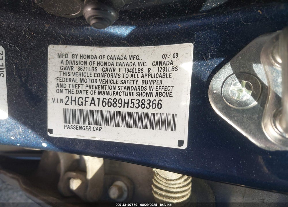 2009 HONDA CIVIC VIN: 2HGFA16689H538366
