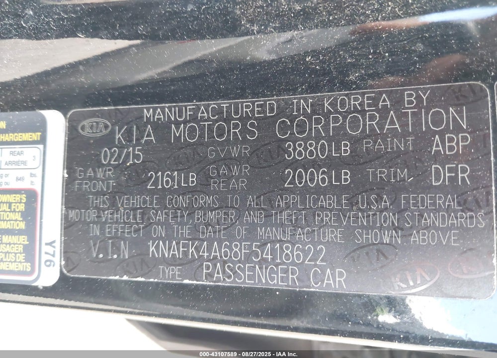 2015 KIA FORTE VIN: KNAFK4A68F5418622