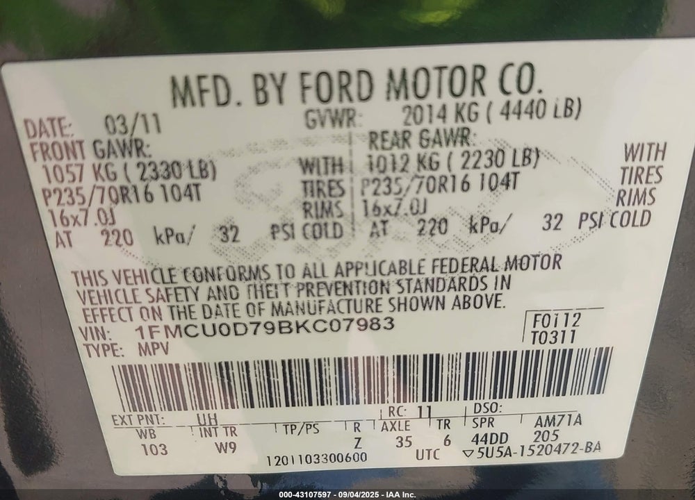 2011 FORD ESCAPE VIN: 1FMCU0D79BKC07983