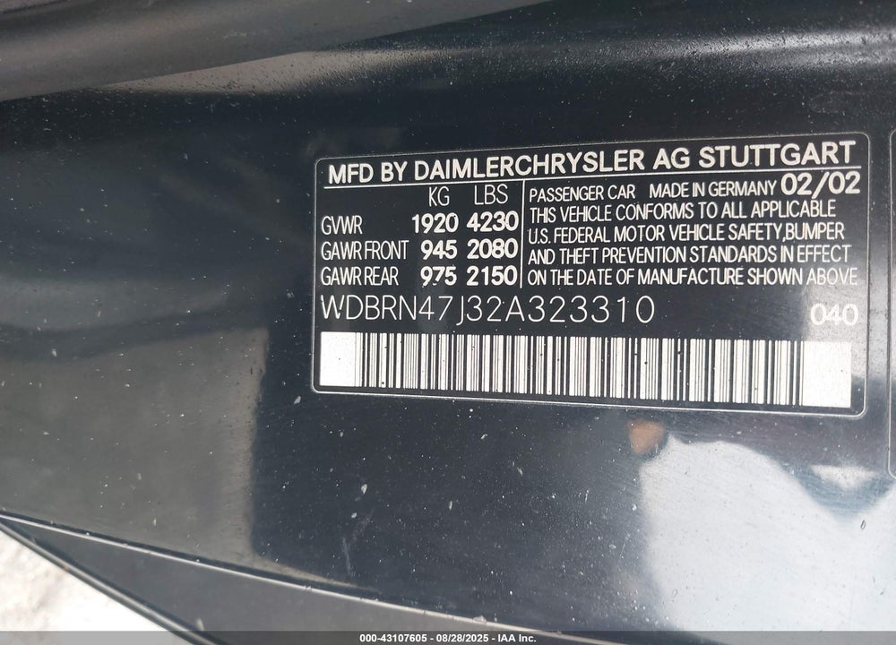 2002 MERCEDES-BENZ C 230 VIN: WDBRN47J32A323310