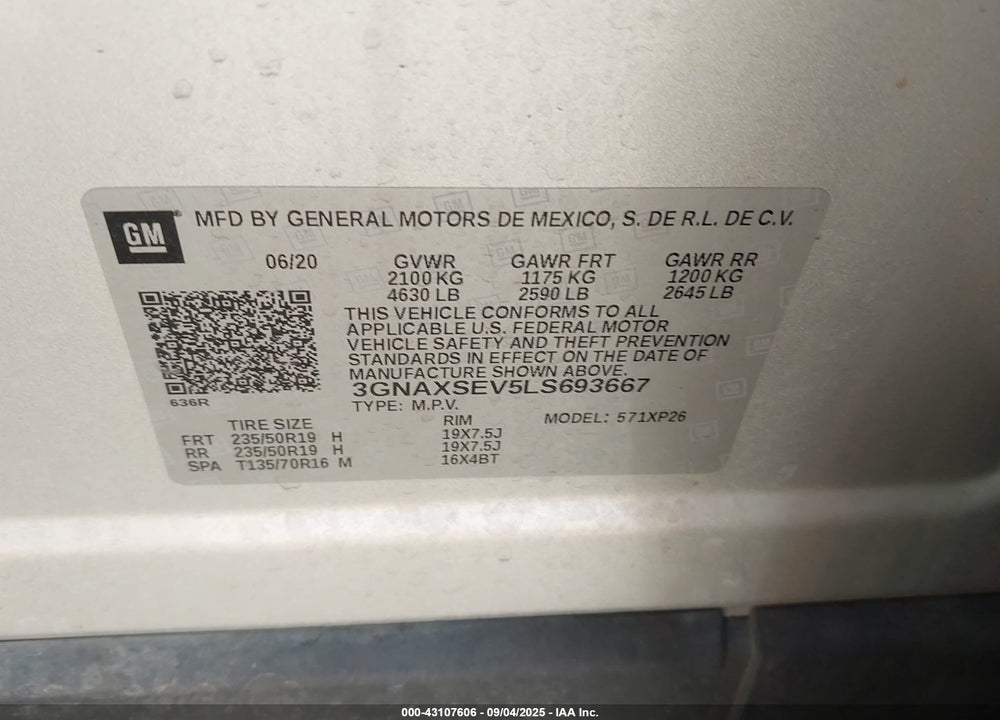 2020 CHEVROLET EQUINOX VIN: 3GNAXSEV5LS693667