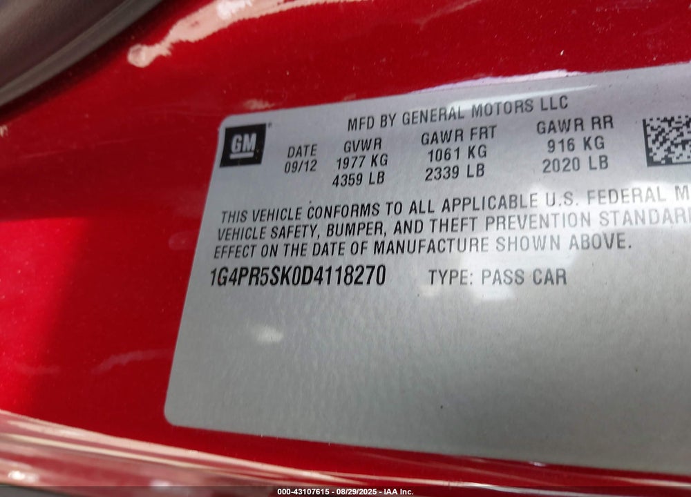 2013 BUICK VERANO VIN: 1G4PR5SK0D4118270
