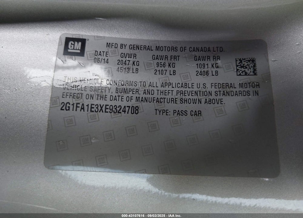 2014 CHEVROLET CAMARO VIN: 2G1FA1E3XE9324708