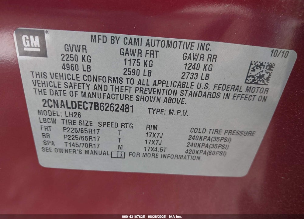2011 CHEVROLET EQUINOX VIN: 2CNALDEC7B6262481