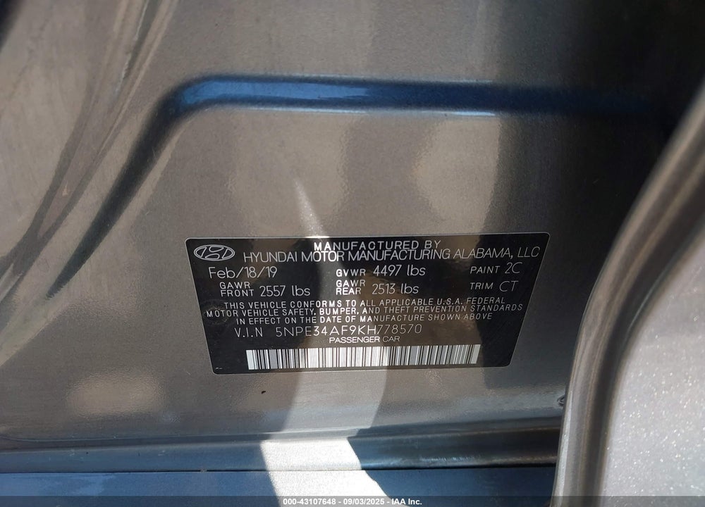 2019 HYUNDAI SONATA VIN: 5NPE34AF9KH778570