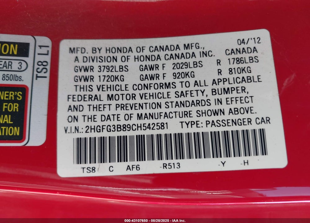 2012 HONDA CIVIC VIN: 2HGFG3B89CH542581