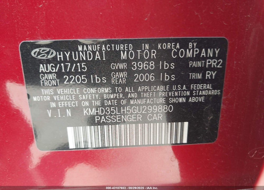 2016 HYUNDAI ELANTRA VIN: KMHD35LH5GU299880