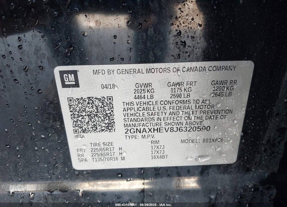 2018 CHEVROLET EQUINOX VIN: 2GNAXHEV8J6320590
