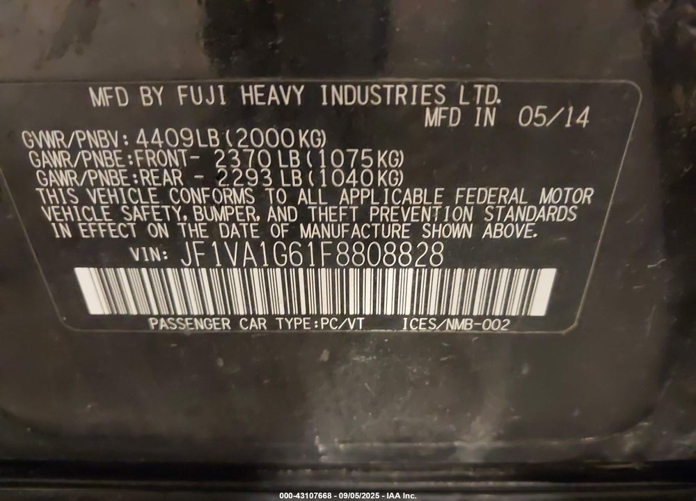 2015 SUBARU WRX VIN: JF1VA1G61F8808828