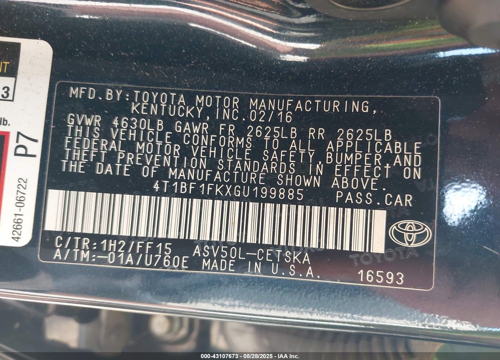 2016 TOYOTA CAMRY VIN: 4T1BF1FKXGU199885