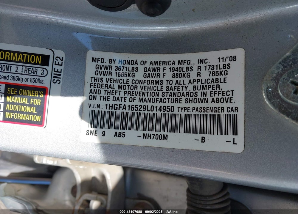 2009 HONDA CIVIC LX VIN: 1HGFA16529L014950