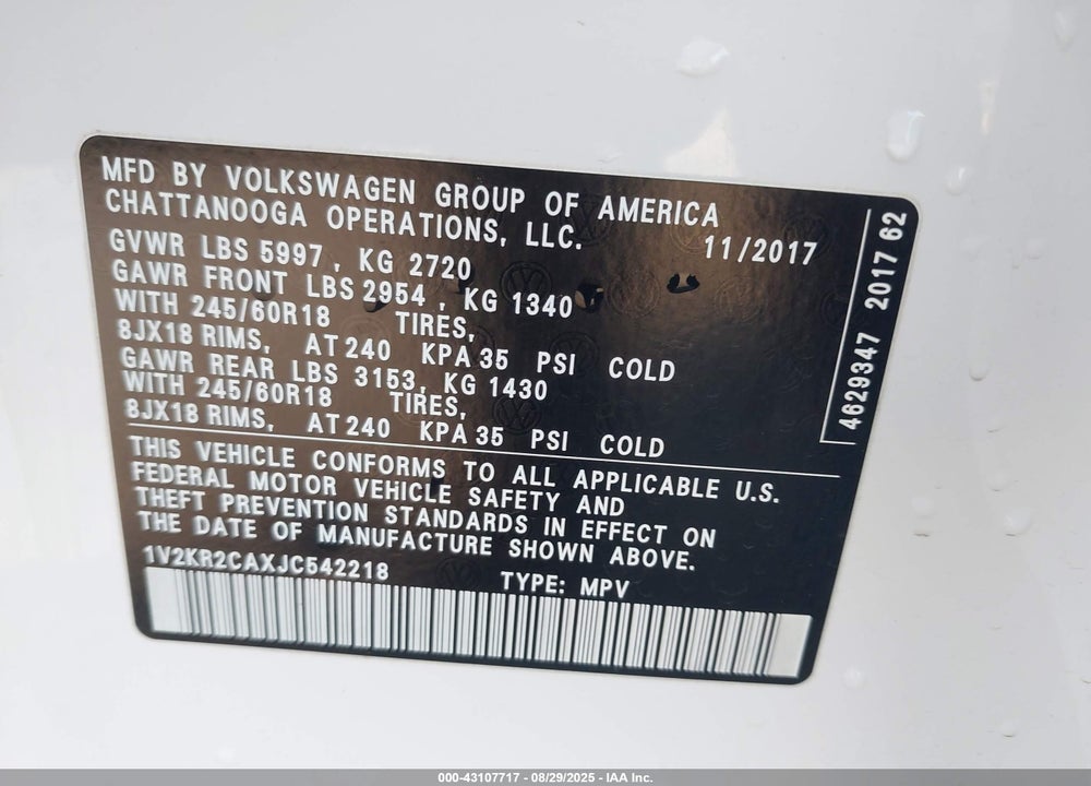 2018 VOLKSWAGEN ATLAS VIN: 1V2KR2CAXJC542218