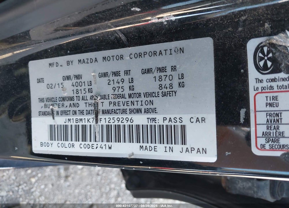 2015 MAZDA 3 VIN: JM1BM1K72F1259296