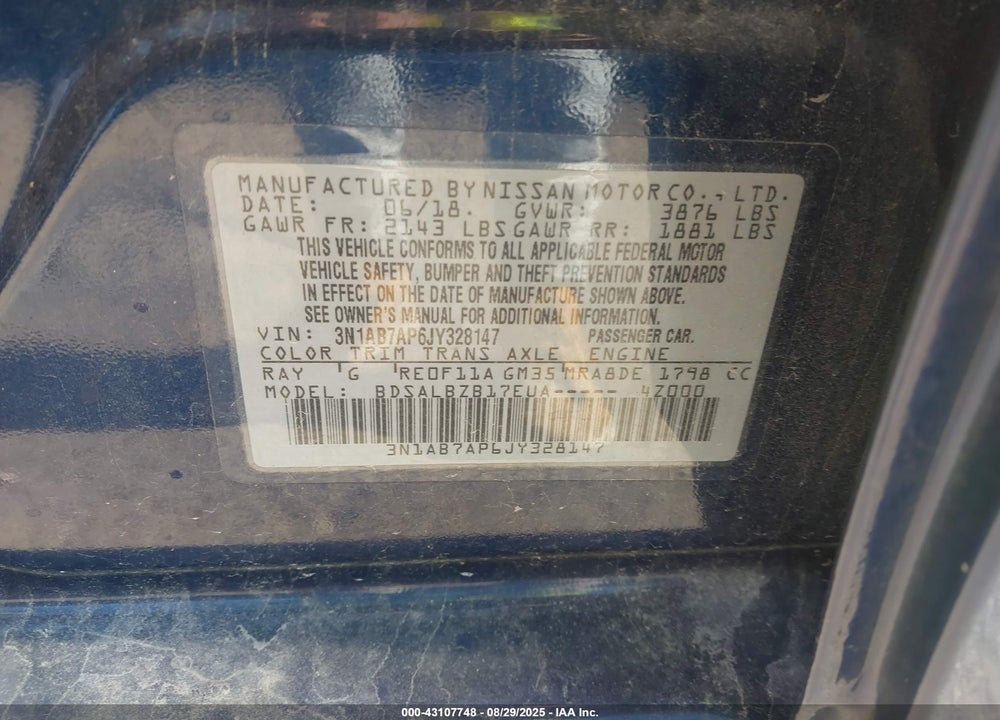 2018 NISSAN SENTRA VIN: 3N1AB7AP6JY328147