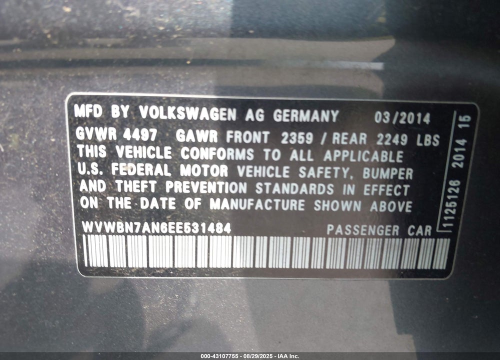 2014 VOLKSWAGEN CC VIN: WVWBN7AN6EE531484