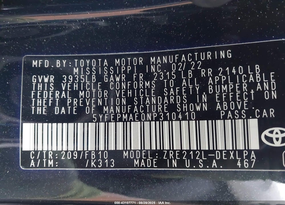 2022 TOYOTA COROLLA VIN: 5YFEPMAE0NP310410
